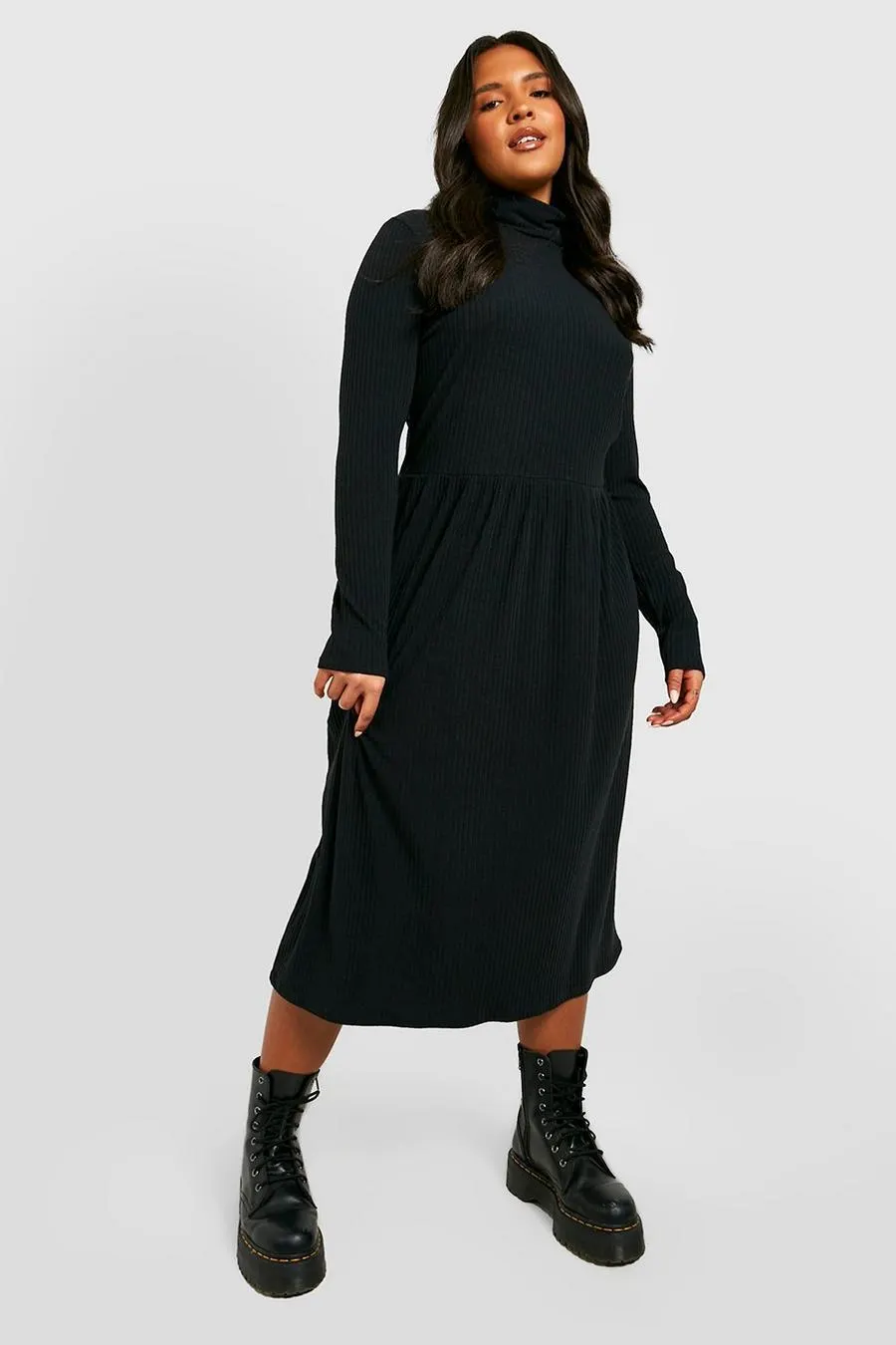 Plus Roll Neck Long Sleeve Soft Rib Midi Smock Dress