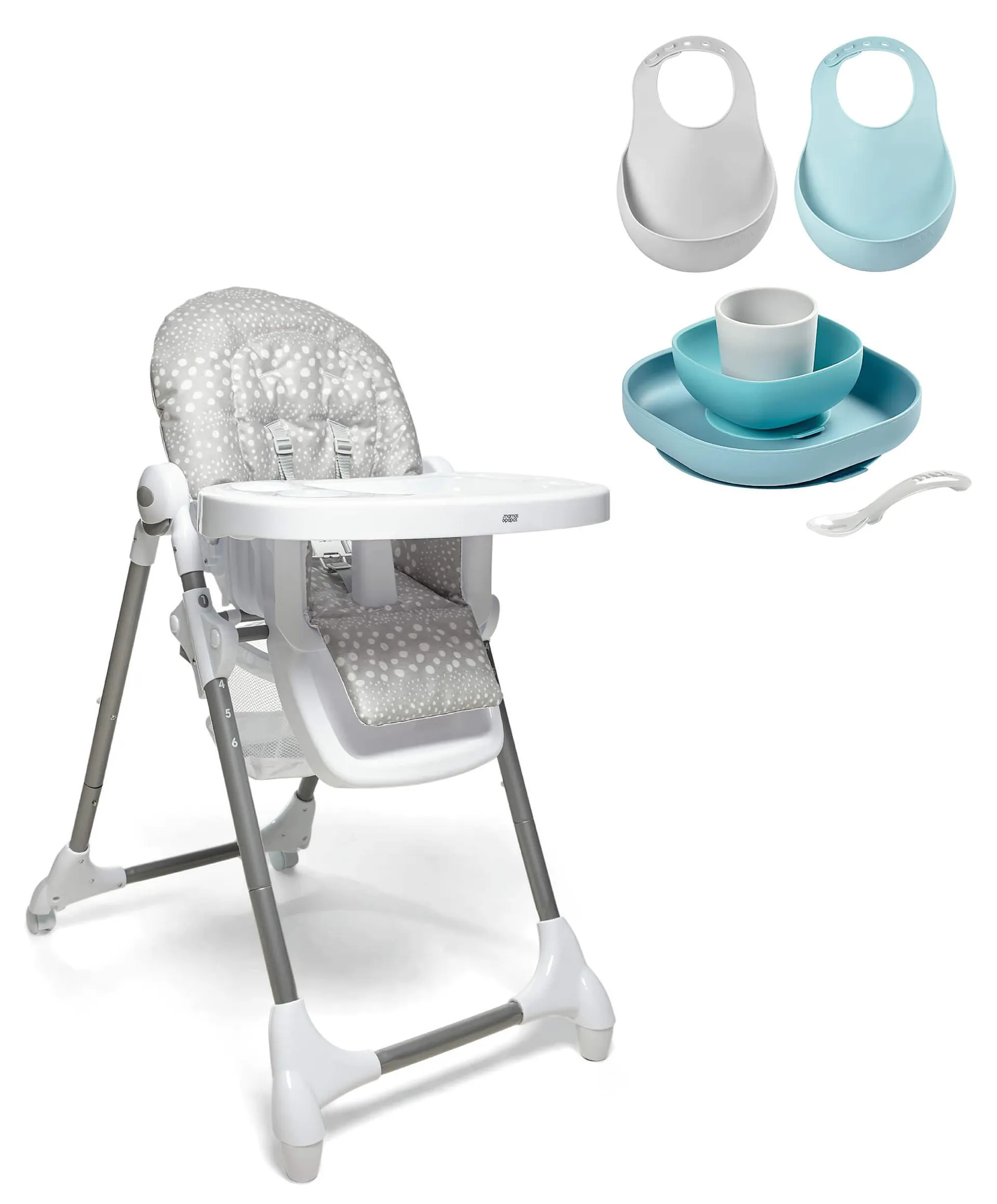 Snax Adjustable Grey Spot Highchair & Beaba Meal Set with Silicone Bibs - Jungle/Blue