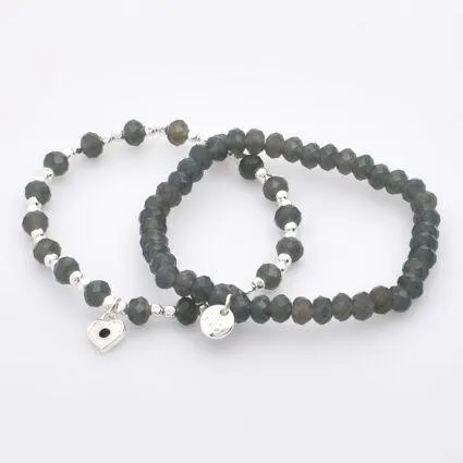 Two Pack Grey & Silver Tone Beaded Bracelets