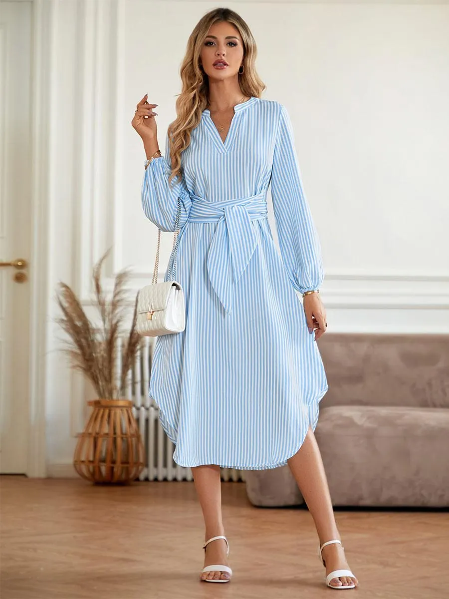 Midi Dress Blue V-Neck Stripe Print Long Sleeves Fall Dress For Women