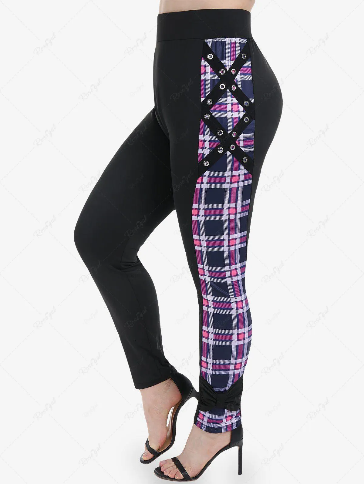 Plus Size Plaid Grommet Knot Skinny Pull On Pants - 1x | Us 14-16