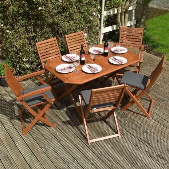 Rowlinson Plumley 6 Seater Hardwood Dining Set with Grey Cushions