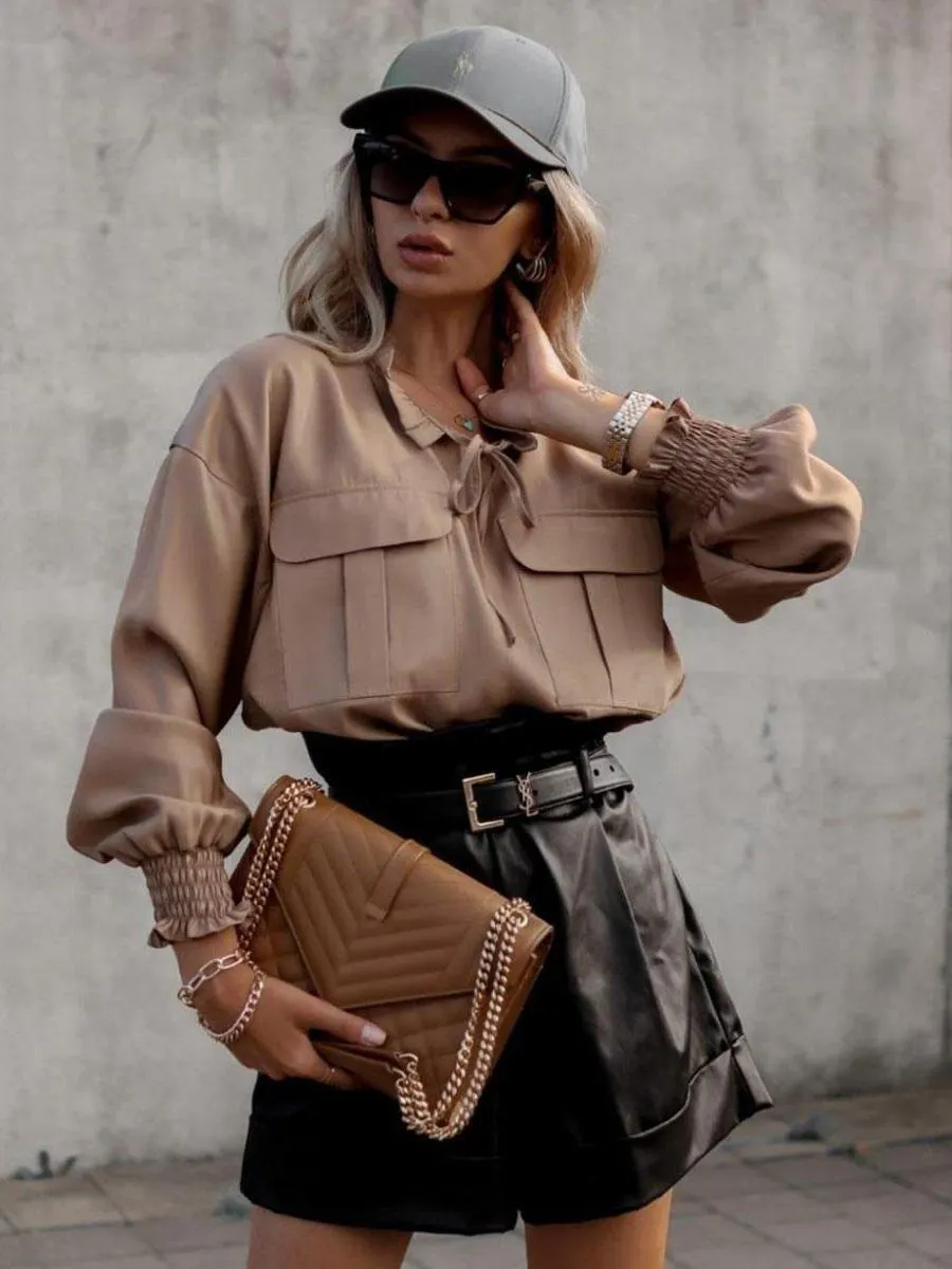 Shirt For Women Khaki Jewel Neck Casual Long Sleeves Tops