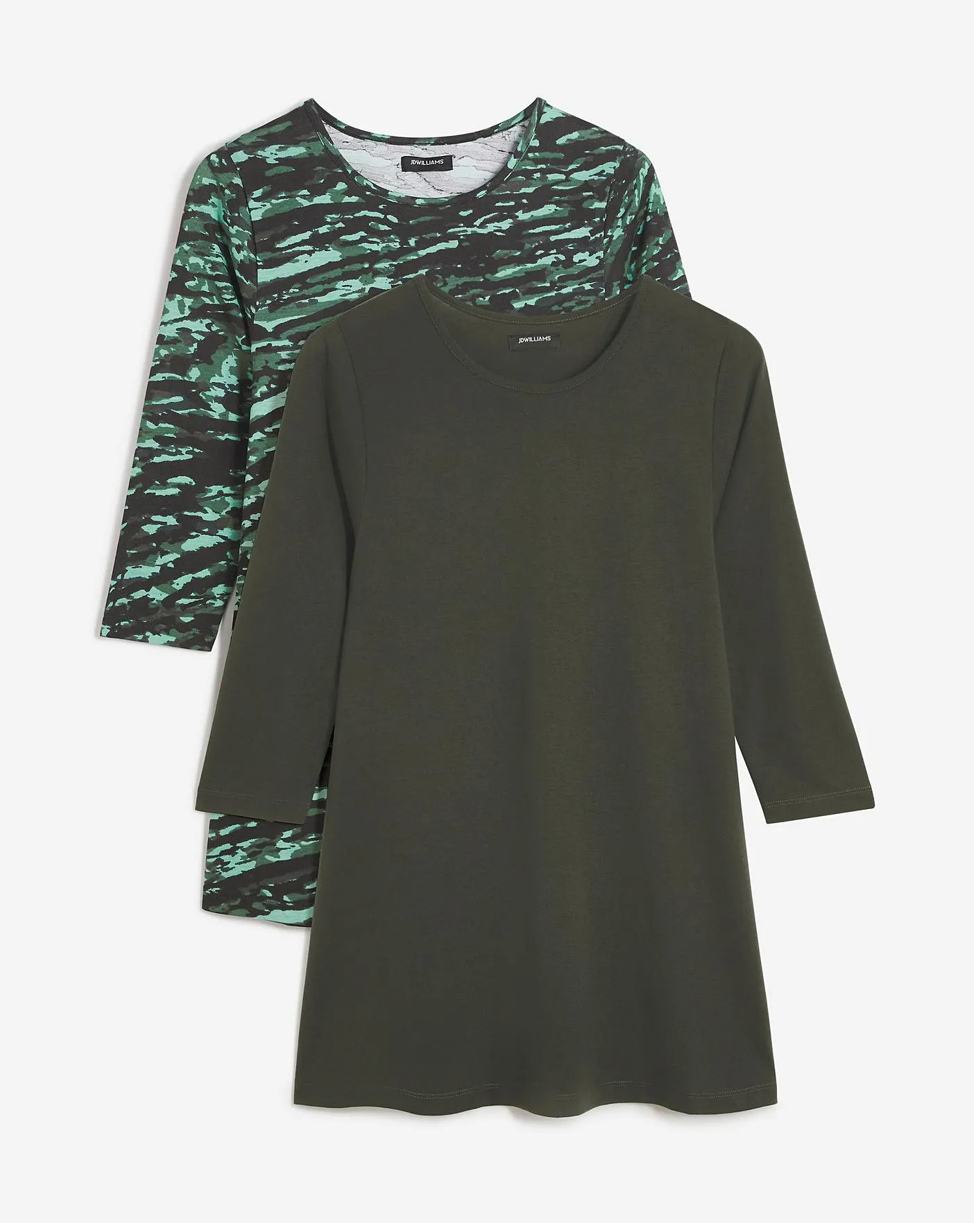 Green Print and Dark Green 2 Pack Three Quarter Sleeve Swing Tunics