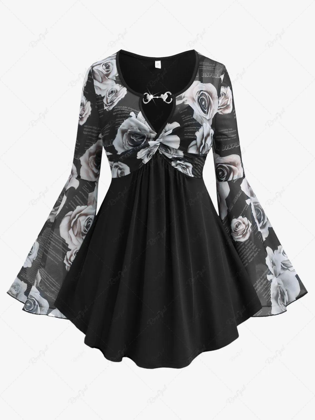 Plus Size Heart Buckle Panel Twisted Flower Print Mesh Bell Sleeves T-shirt - L | Us 12