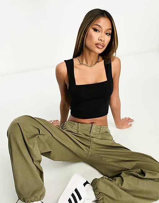 ASOS DESIGN crop cami square neck seam detail in black