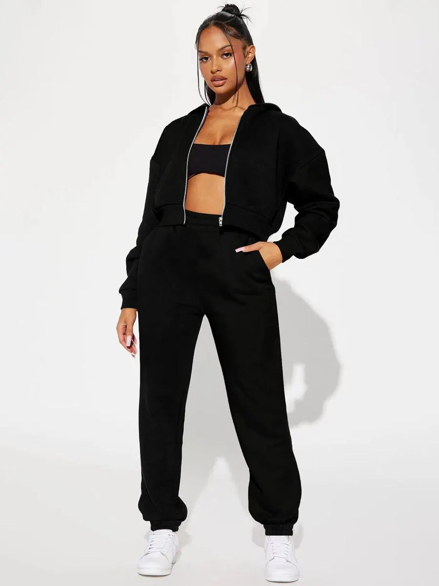 Two Pieces Tracksuit Zipper Top And Athleisure Pants Women's Set