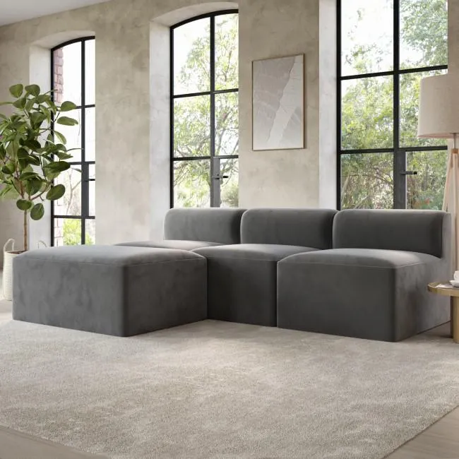 Grey Velvet L Shaped Modular Sofa - Seats 3 - Hendrix