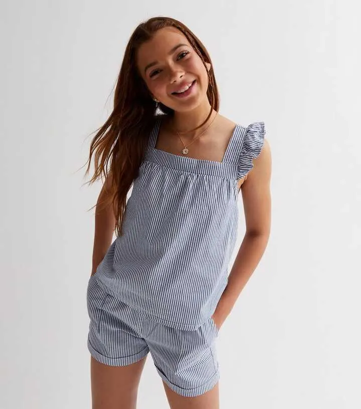 KIDS ONLY Girls Blue Stripe Ruffle Strap Top