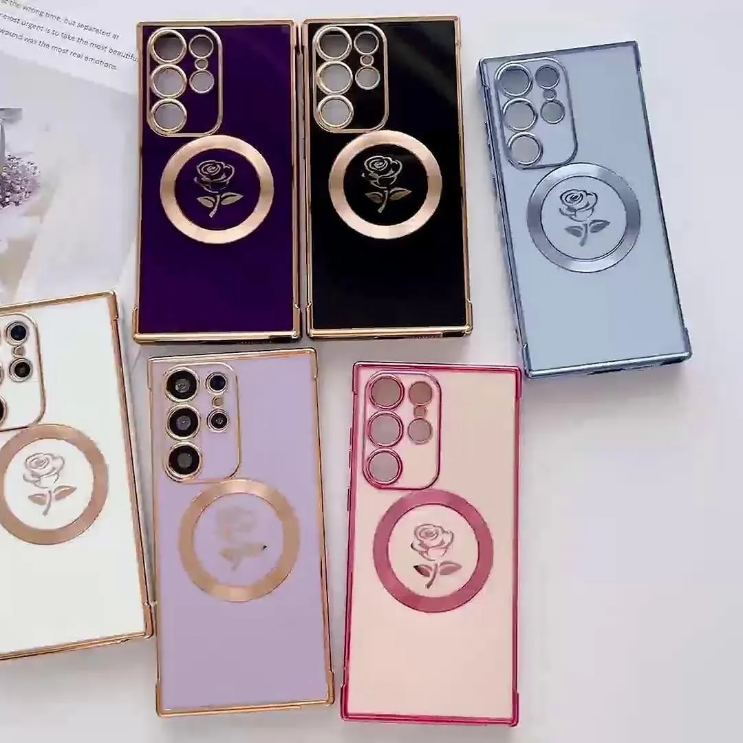 Cute Floral Frame For Magsafe Plating Phone Case For Samsung Galaxy S23 S22 S21 S20 Ultra Plus FE With Magsafe Plating Flower TPU