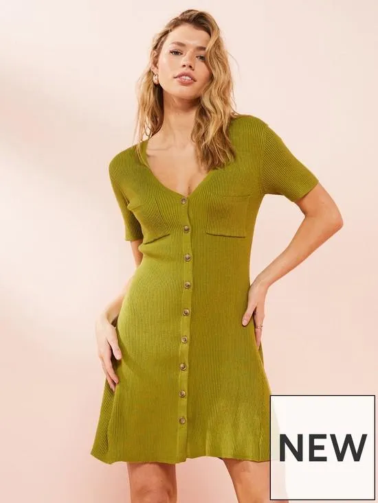 V Neck Utility Knitted Mini Dress - Green