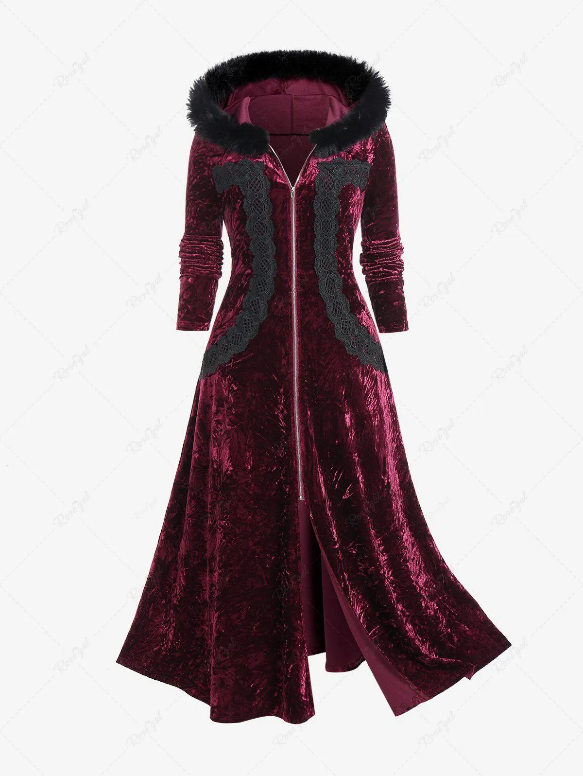 Plus Size Faux-fur Hooded Lace Applique Crushed Velvet Long Coat - 3x | Us 22-24