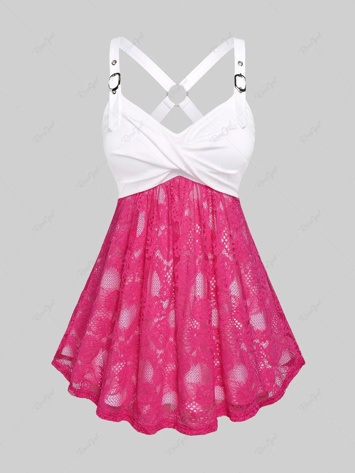 Plus Size Buckles Lace Panel Twist Two Tone Tank Top - 3x | Us 22-24