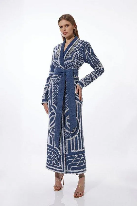 Pearl Embellished Woven Denim Maxi Blazer Dress