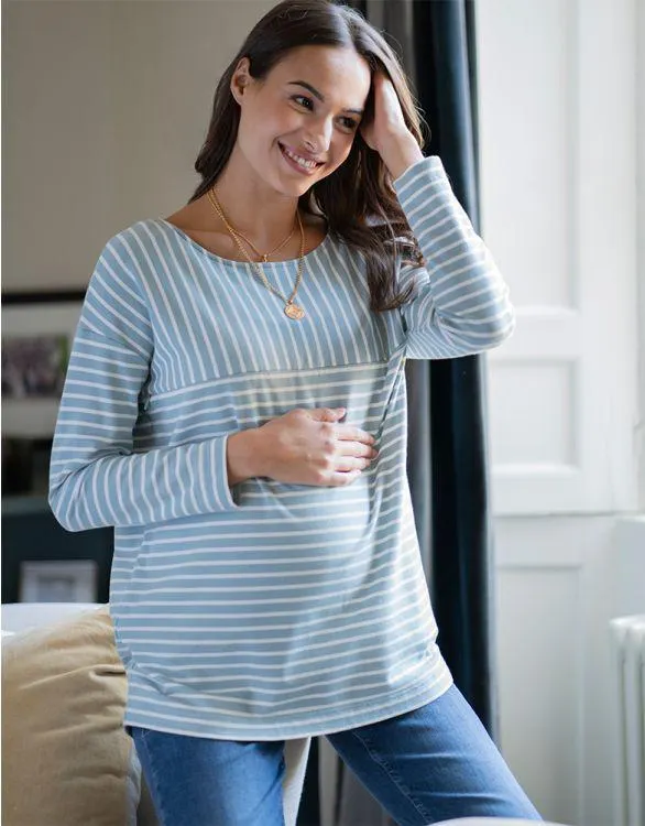 Sage Green & White Contrast Stripe Long Sleeve Maternity to breastfeeding Top