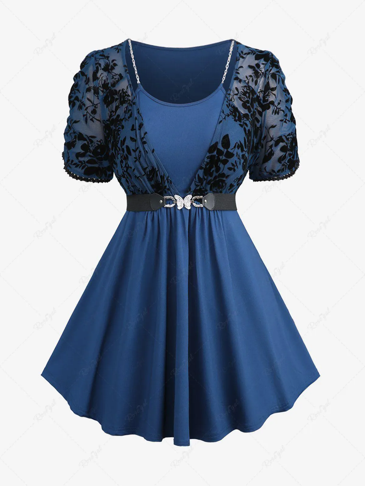 Plus Size Flower Leaf Flocking Mesh Chains Lace Trim Top With Butterfly Buckle Belt - 1x | Us 14-16