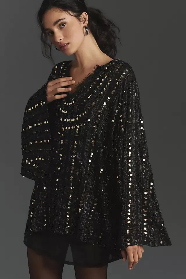 Let Me Be V-Neck Embellished Lace Bell-Sleeve Blouse