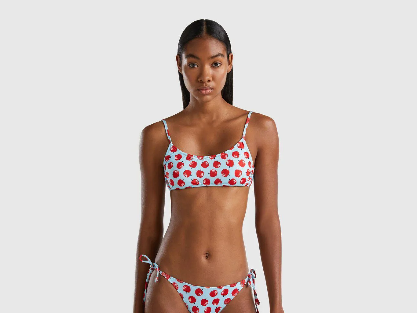 Light blue beach bra with apple pattern
