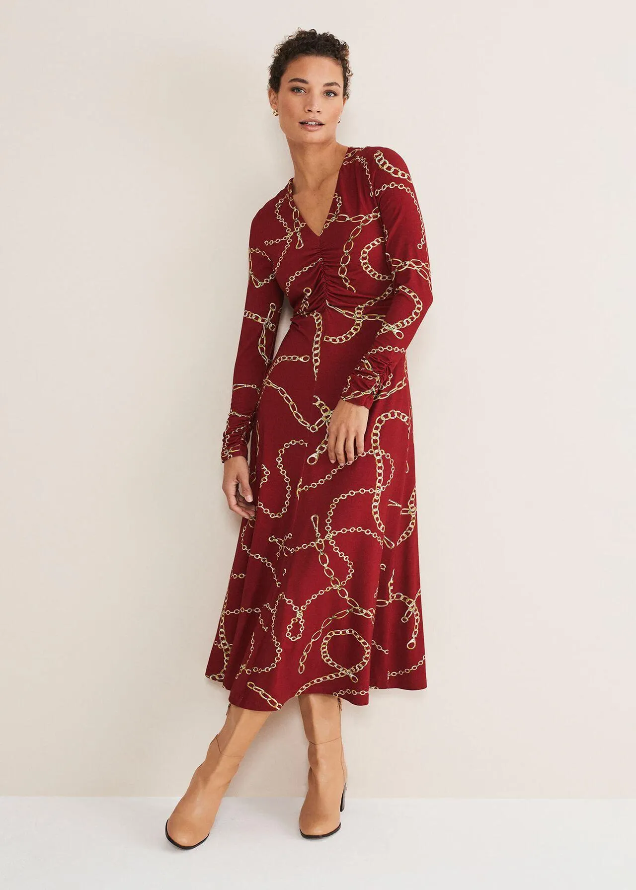 Cheska Chain Print Ruched Midi Dress