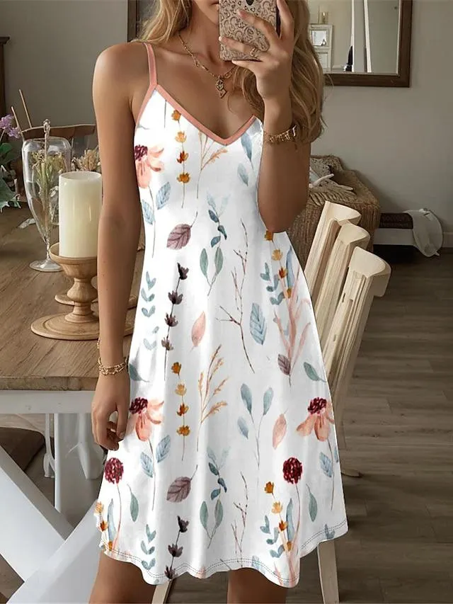 Women's Casual Dress Summer Dress Floral Leaf Print Strap Mini Dress Streetwear Street Holiday Sleeveless Regular Fit Yellow Blue Purple Summer S M L XL XXL
