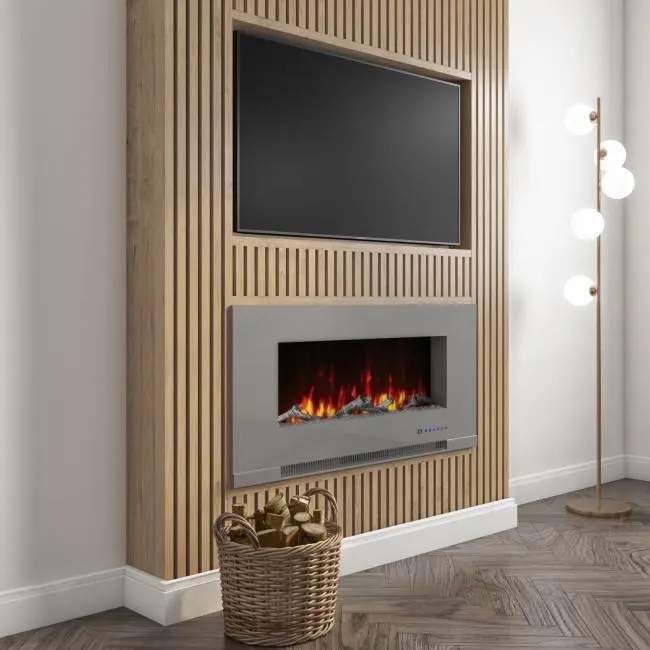 Grey Wall Mounted or Inset Electric Fire with Log and Crystal Fuel Bed - Amberglo