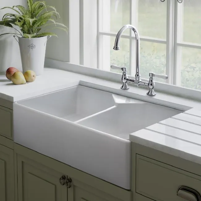 Belfast Double Bowl White Ceramic Kitchen Sink - Rangemaster