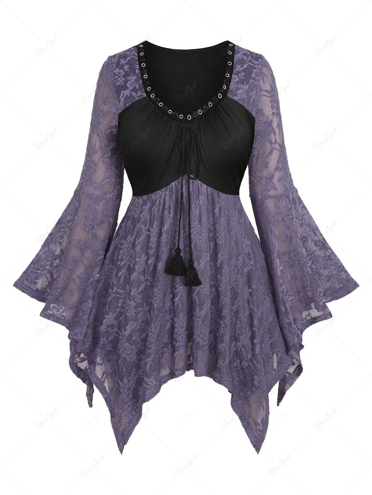 Plus Size Flare Sleeves Uneven Floral Lace Embroidered Ruched Tied Tassel Patchwork Grommet Handkerchief Top - 3x | Us 22-24