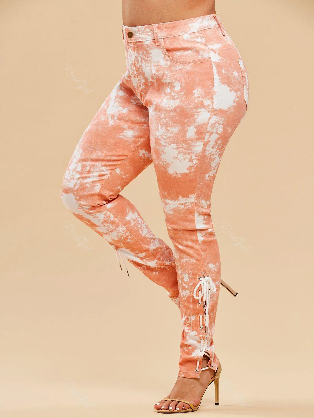 Plus Size Tie Dye Lace-up High Rise Pocket Jeans - L
