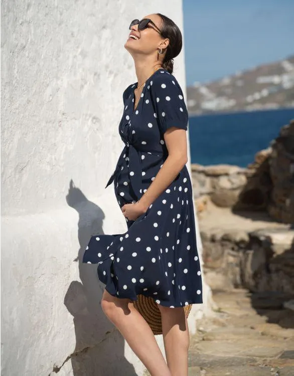 Navy Polka Dot Tie Front Maternity & Nursing Dress
