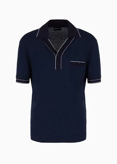 Short-sleeved ribbed polo shirt in viscose and wool