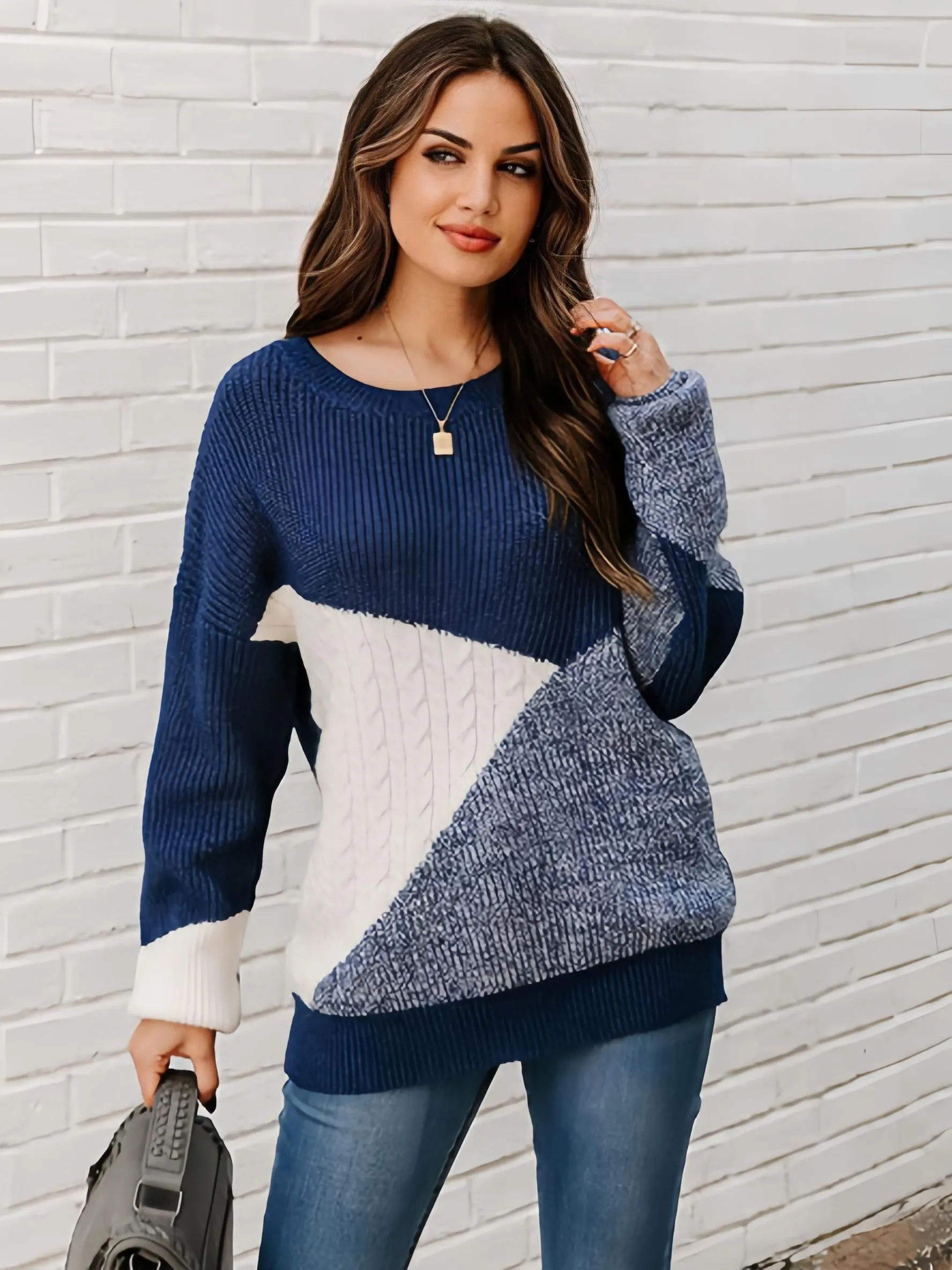 Pullovers For Women Coffee Brown Crochet Geometric Jewel Neck Long Sleeves Oversized Acrylic Sweaters