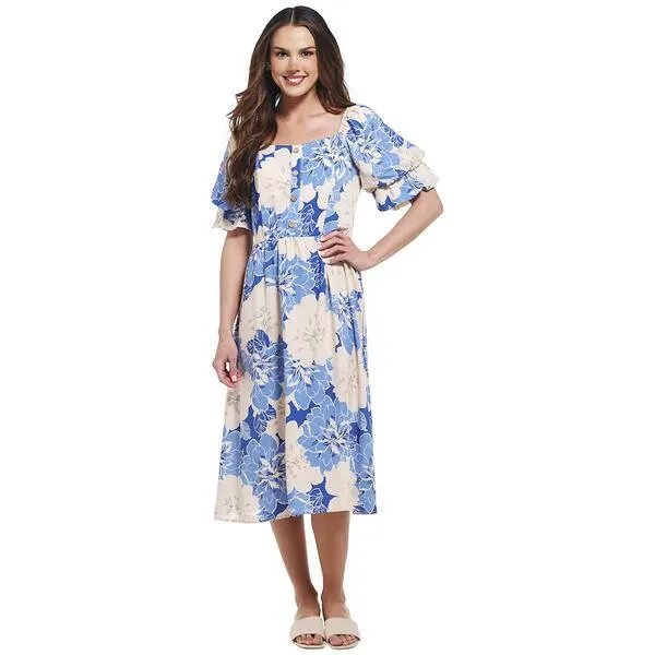 Womens Luxology Puff Sleeve Floral Linen Midi Challis Dress