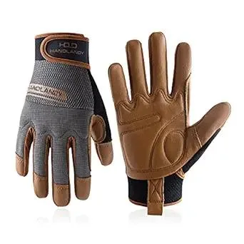 HANDLANDY Leather Work Gloves Mens & Women, Utility Safety Mechanic Working Gloves Touch Screen, Flexible Breathable Yard Work Gloves (Large, Brown-Cowhide Palm)