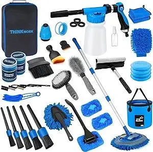 THINKWORK Car Wash Kit, Car Detailing Kit with Foam Gun, Car Wash Brush Mop and Large Folding Bucket Suitable for Car Cleaning, Blue Car Wash Set Gift for Men and Women