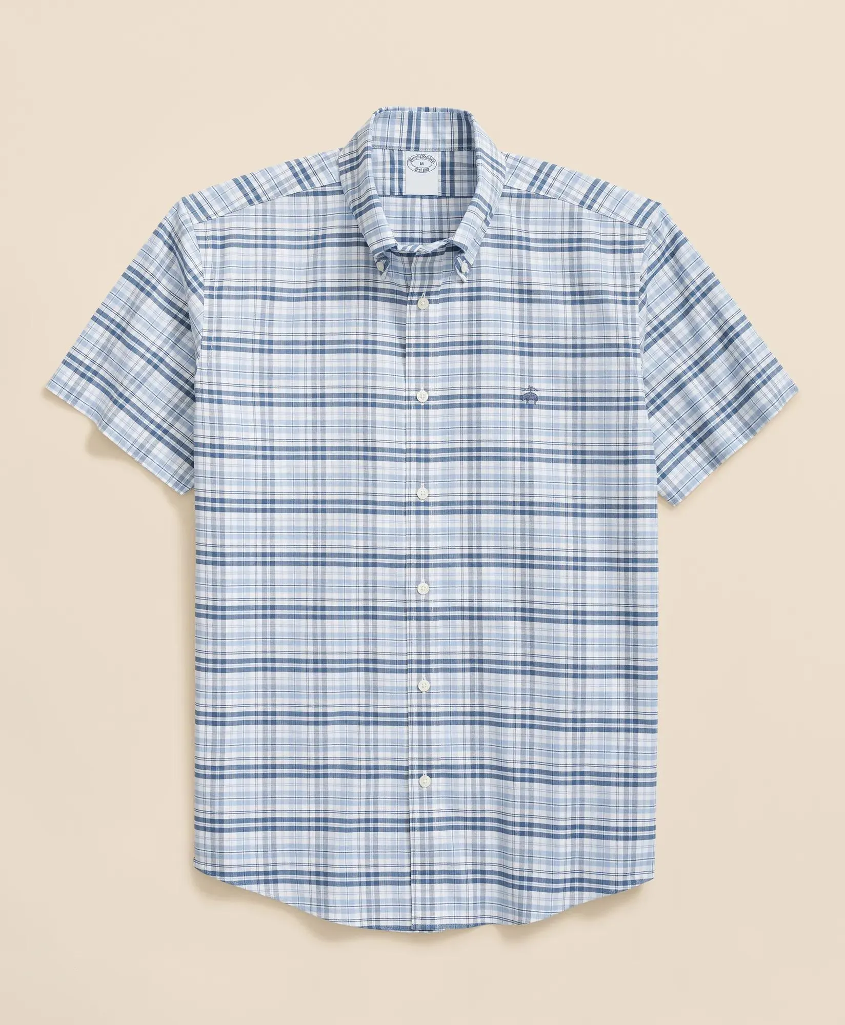 Stretch Cotton Non-Iron Oxford Button-Down Collar, Checked Short-Sleeve Shirt
