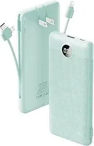 VRURC Portable Charger Built-in Cables and AC Wall Plug, USB C Power Bank 10000mAh, Travel Battery Portable Phone Charger Compact Lightweight External Battery Pack for Smart Phones, Tablets etc-Green
