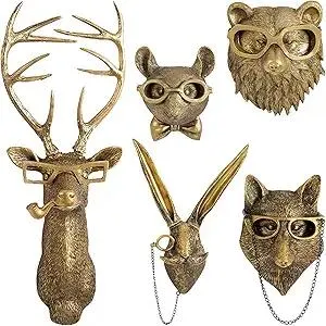 GUASDIE Animal Heads Wall Decor, Faux Deer Head Mount, Animal Sculptures Wall Decor, Resin Animal Head Wall Hanging Decoration for Living Room Bedroom Kitchen Gift,5pcs, 1587574779-65291236