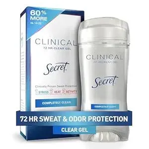 Secret Clinical Strength Antiperspirant Deodorant for Women, 3X Stress Protection, 72hr Sweat & Odor Protection, PH Balancing Minerals, Clear Gel, Completely Clean Scent, 2.6 oz