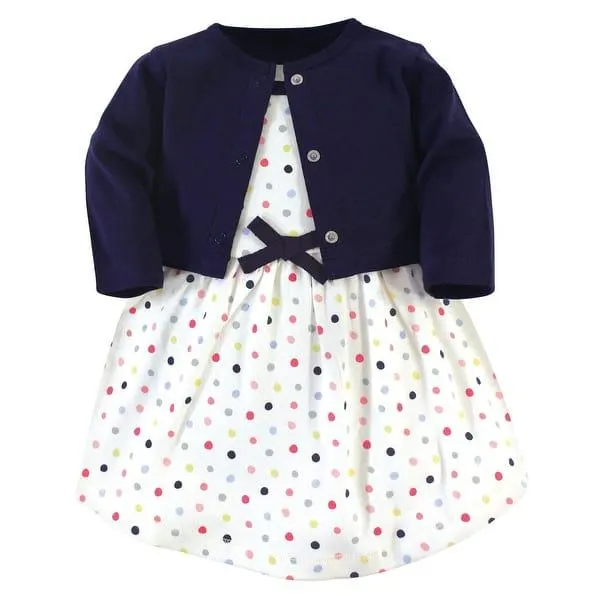 Touched by Nature Baby and Toddler Girl Organic Cotton Dress and Cardigan 2pc Set, Colorful Dot