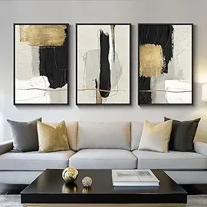 Large Framed Black and White Abstract Wall Art, 3 Piece Modern Canvas Prints Paintings Artwork for Walls, Minimalist Black Beige Gold Pictures for LIving Room Bedroom Office Wall Decor Total 30x60 In