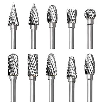 Tungsten Carbide Rotary Burr Set for Dremel, 10PCS Carbide Double Cut Carving Burr Bits with 1/8” Shank Rotary Tool Accessories for Woodworking, Engraving, Drilling, Steel Metal Working