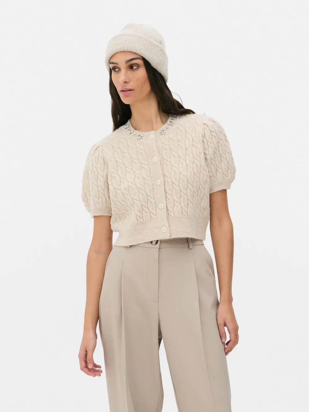 Cardigan in maglia a trecce con manica a palloncino