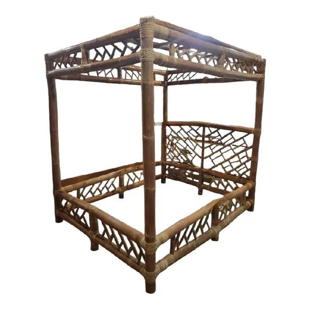 Monumental Vintage Real Bamboo Chinese Chippendale Style Canopy Regency Queen Size Bed Frame
