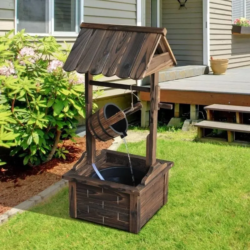 Outdoor Garden Solid Wood Wishing Well Water Fountain with Bucket and Pump