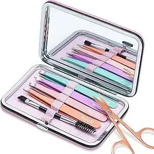 TsMADDTs Tweezers for Women Facial Hair - Precision Tweezers Set with Travel Case - Stainless Steel with Scissor, Mirror
