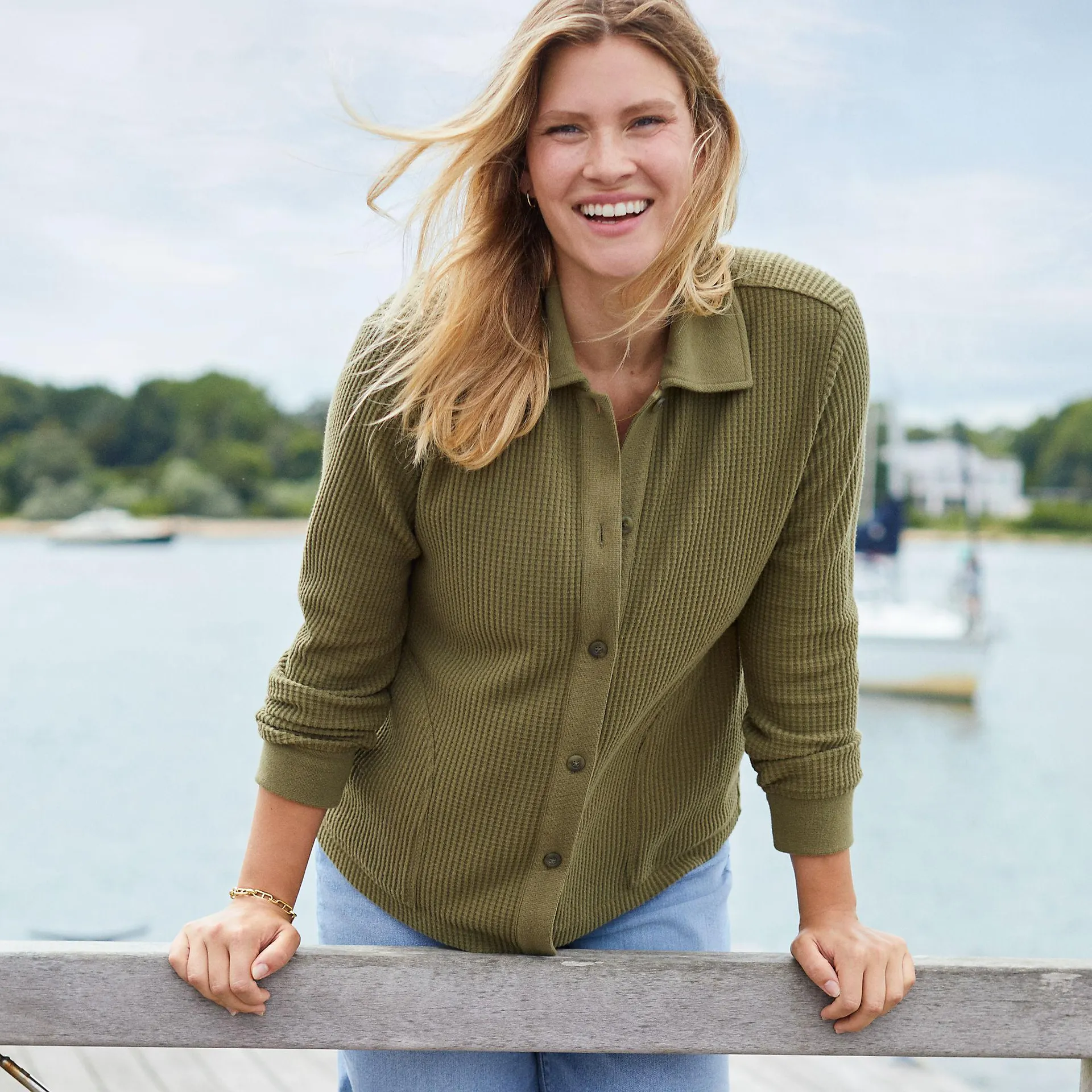 Women's Long Sleeve Waffle Collared Shacket