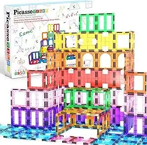 PicassoTiles 42pcs Magnetic Tiles Magnet Blocks See-Through Shape STEM Toys Building Block Educational Playset Compatible with Major Brand Tile -Starter Set for Boys and Girls Toddlers Ages 3+ PT42