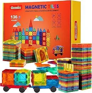Gemmicc Magnetic Tiles, Deluxe 136 PCS Building Blocks Magnet Toys for Kids,3D Magnet Puzzles Stacking Blocks for Boys Girls,Huge Set with 2 Cars