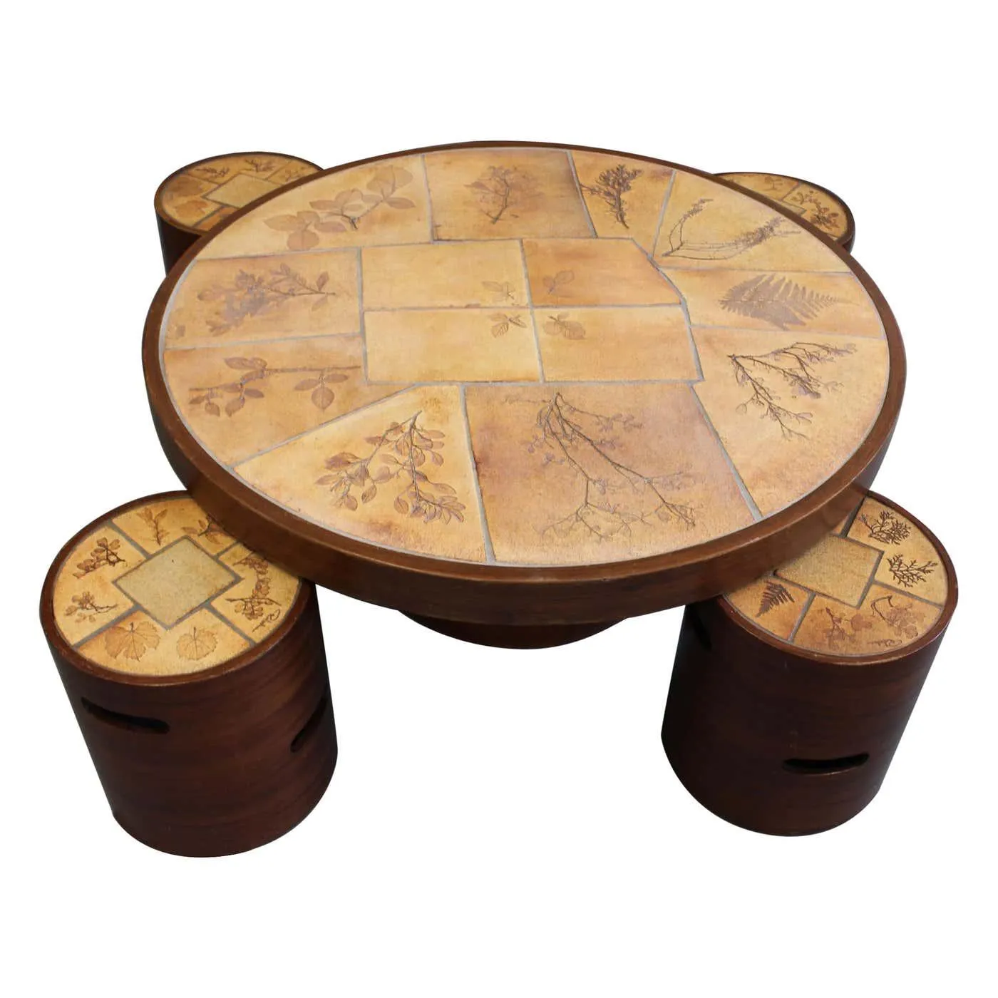 Vintage French Coffee Table Set with Ceramic Top by Raymonde Leduc (circa 1970s)