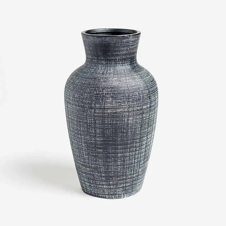 Black Textured Stoneware Vase, 13 in.